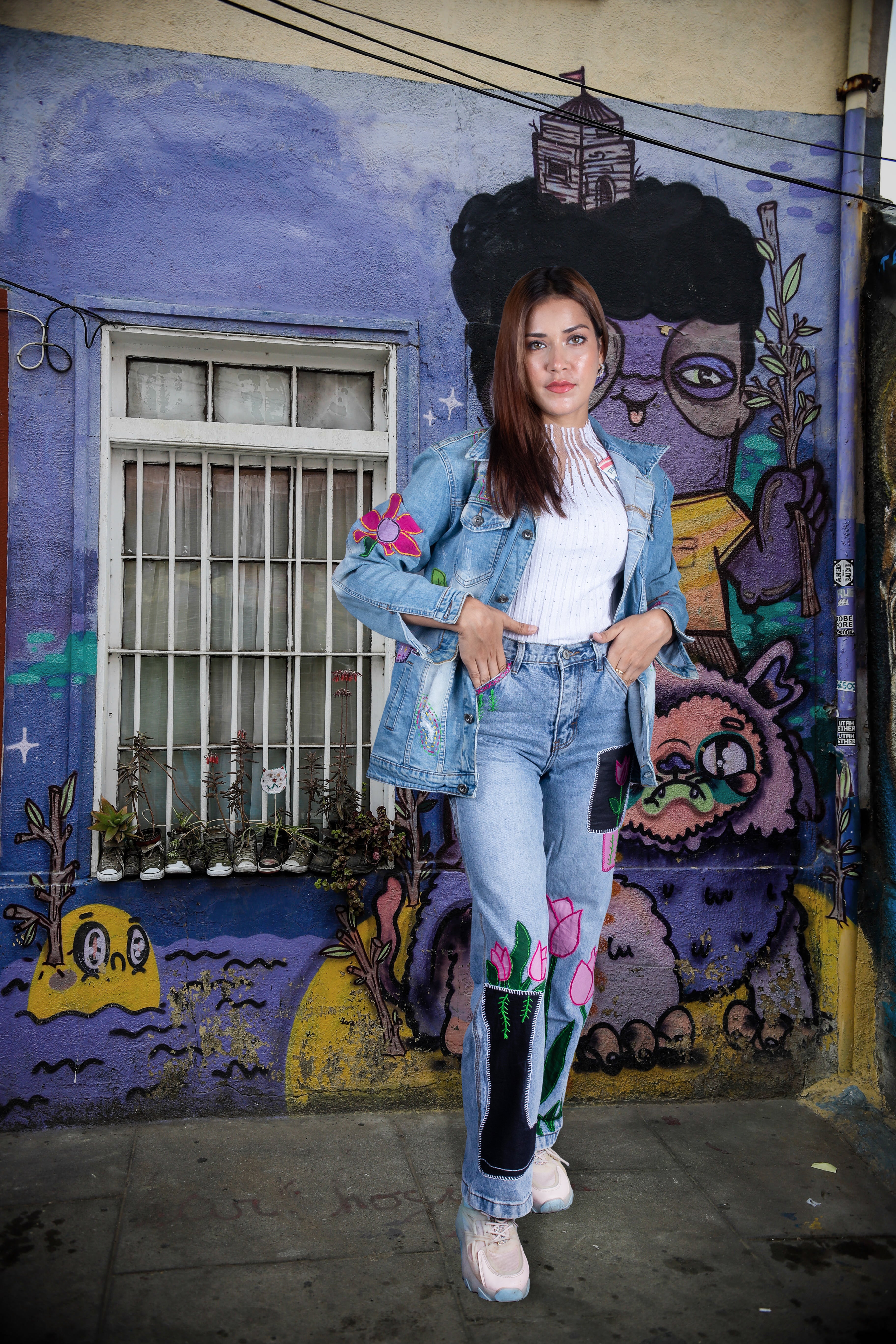 Upcycled Denim Jacket with Bold Floral Pot Appliqué Avartan Avenue