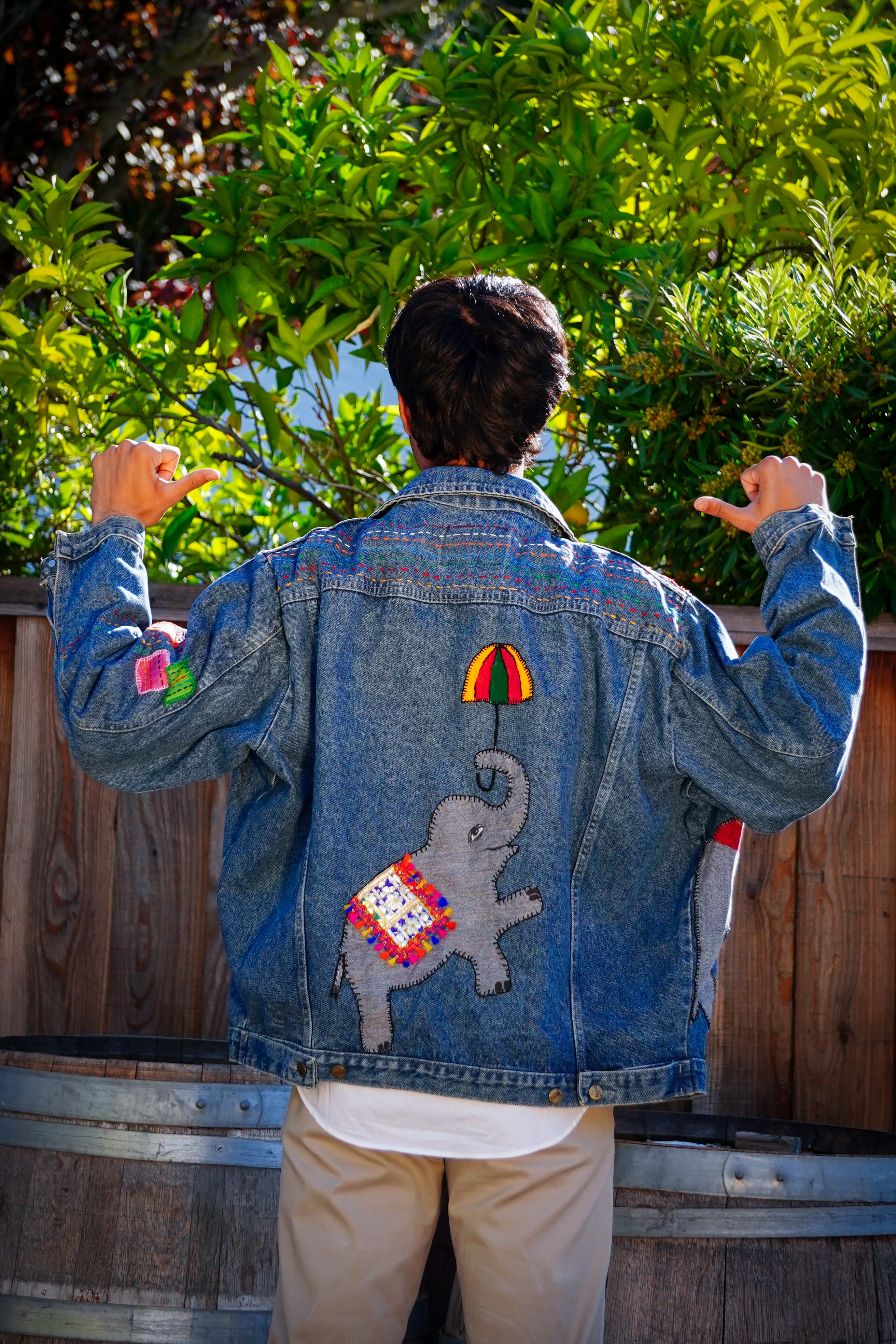 Handmade Upcycled Denim Jacket with Elephant Art | Avartan Avenue