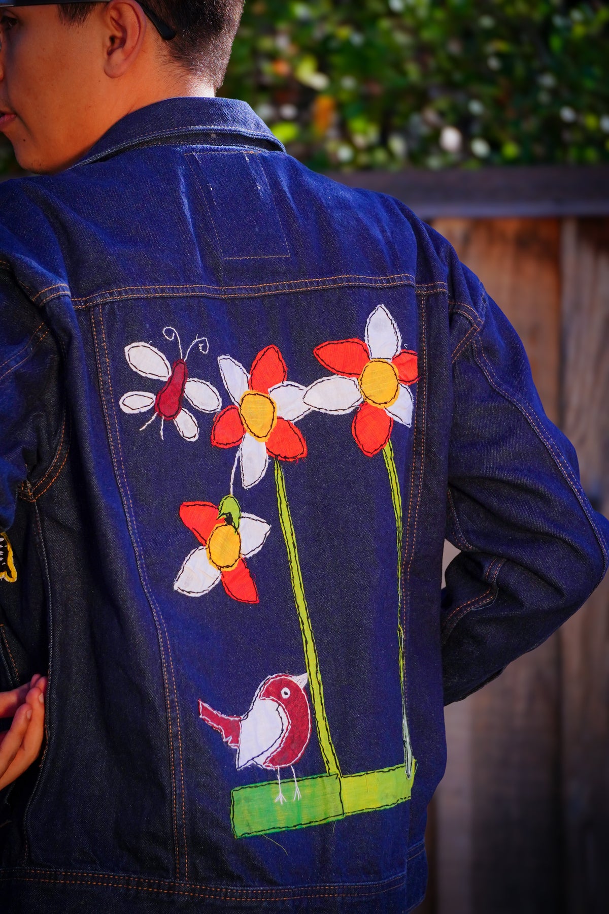 Nature-Inspired Denim Jacket with Birds, Flowers & Butterflies 