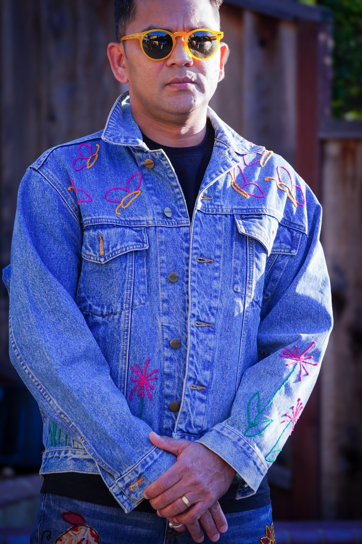 Bold Half Butterfly Upcycled Denim Jacket – Artisan Painted Pink 