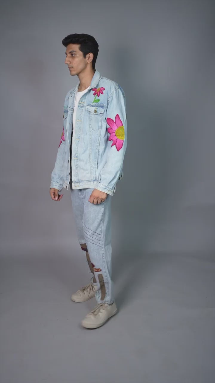 Upcycled Denim Jacket with Pink Half-Flowers – Eco-Friendly Floral